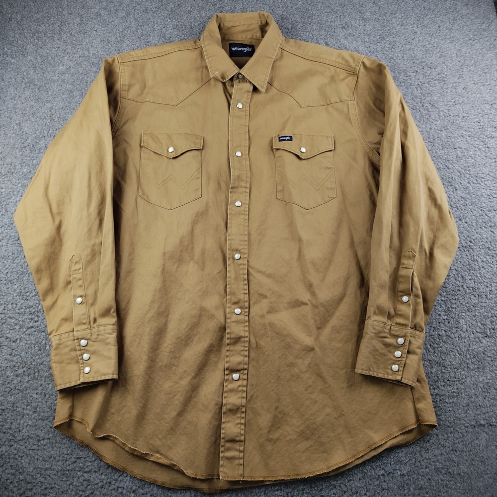 Wrangler Western Snap Shirt Mens XLT Tall Brown Cotton Workwear Canvas Rancher